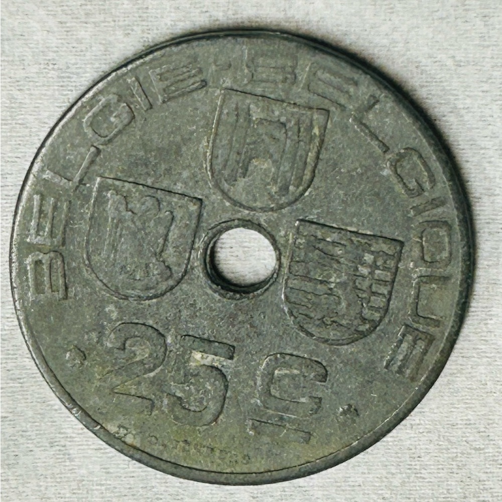 1944 Belgium 25 Centimes Collectible Coin Vintage Center Hole Zinc